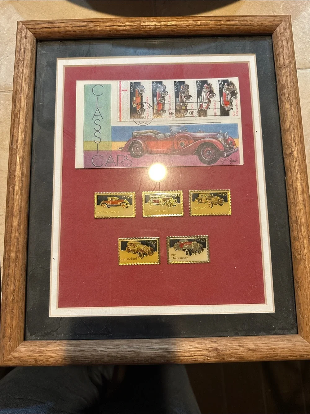 Framed Vintage Stamp Collage Wall Art - Red and Teal Accents